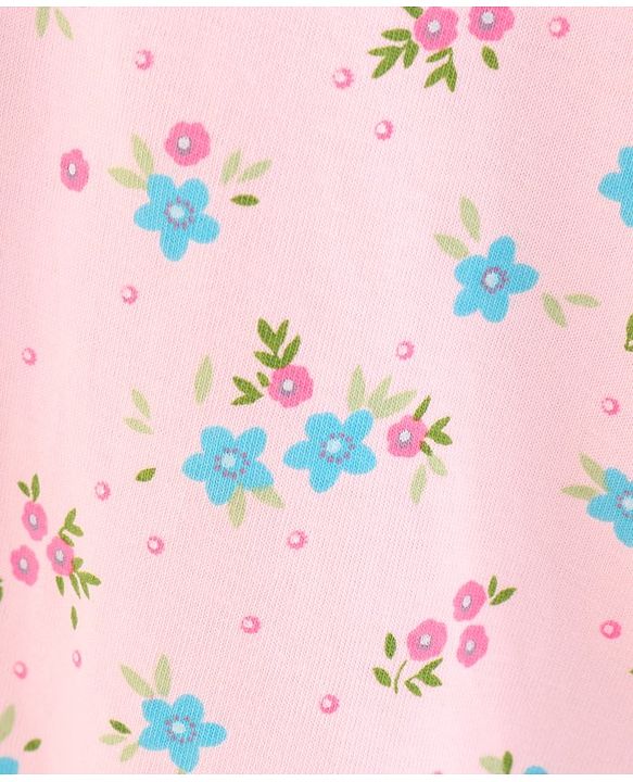 Babyhug 100% Cotton Knit Short Sleeves Floral Printed Frock with Bow Corsage - Light Pink