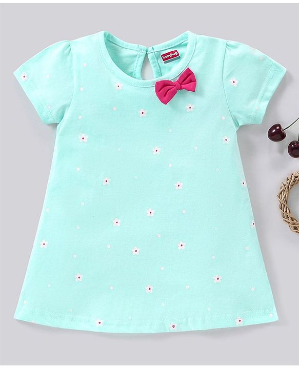 Babyhug 100% Cotton Half Sleeves Frock with Bow Floral Print - Mint