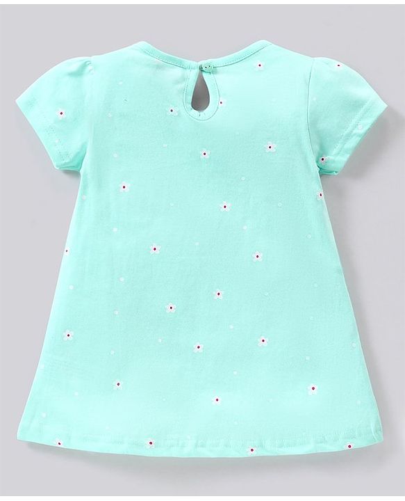 Babyhug 100% Cotton Half Sleeves Frock with Bow Floral Print - Mint