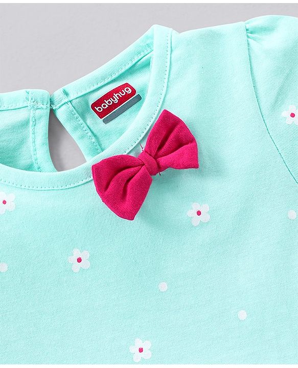 Babyhug 100% Cotton Half Sleeves Frock with Bow Floral Print - Mint