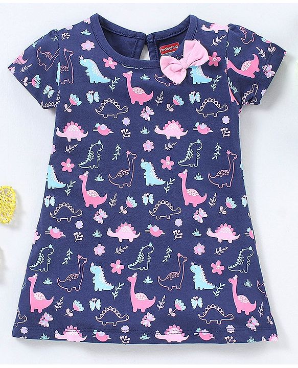 Babyhug 100% Cotton Knit Half Sleeves Frock Dino Print - Navy Blue