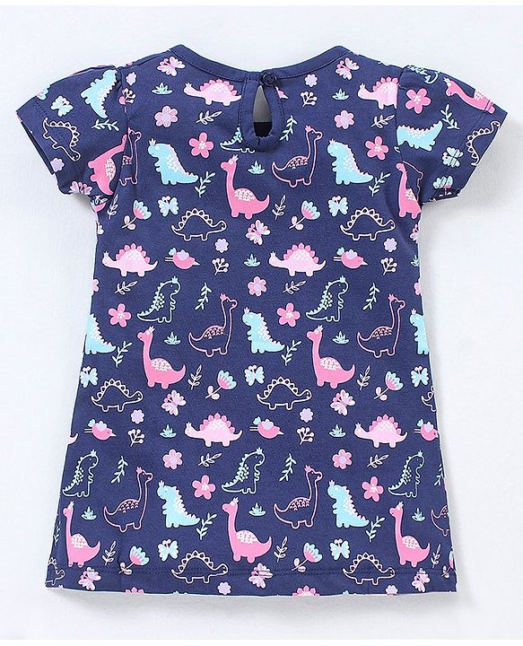 Babyhug 100% Cotton Knit Half Sleeves Frock Dino Print - Navy Blue