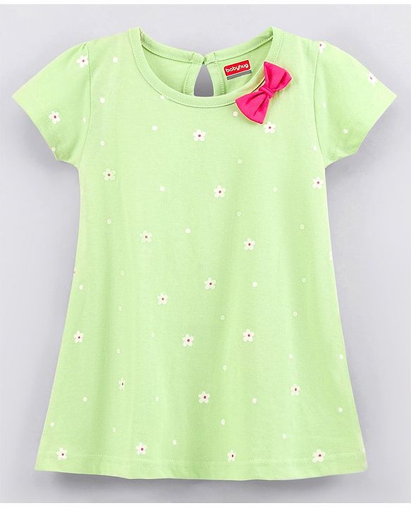 Babyhug 100% Cotton Half Sleeves Frock with Bow Floral Print - Light Green