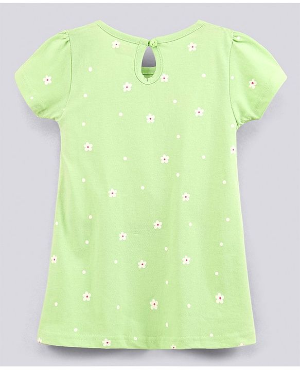 Babyhug 100% Cotton Half Sleeves Frock with Bow Floral Print - Light Green