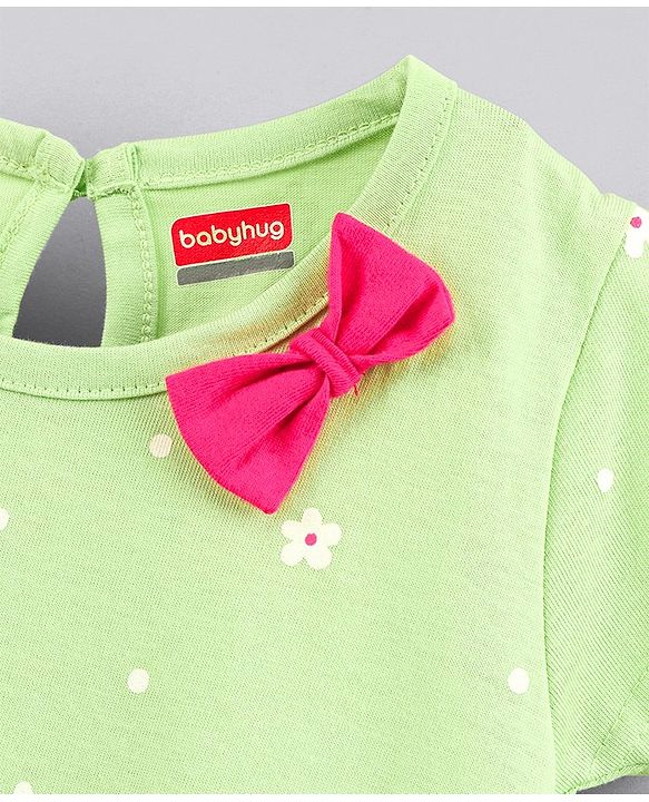 Babyhug 100% Cotton Half Sleeves Frock with Bow Floral Print - Light Green
