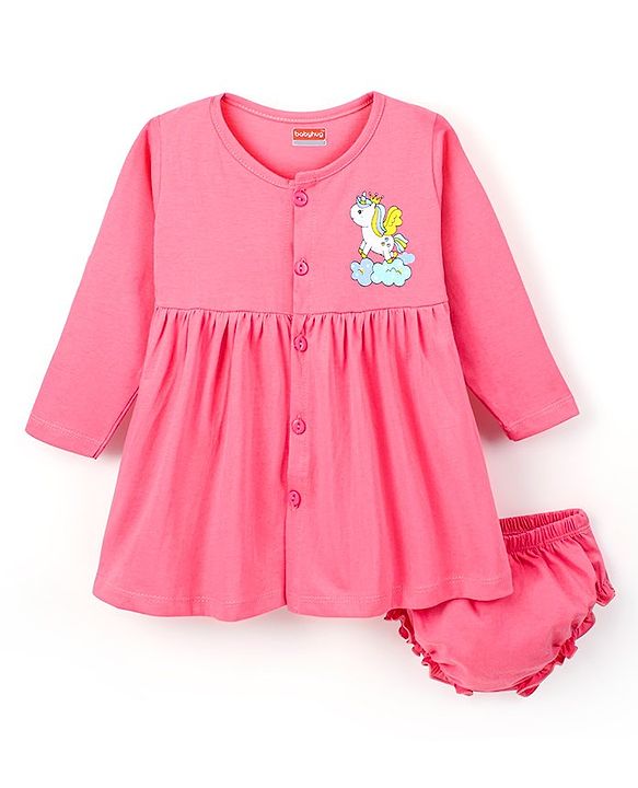 Babyhug 100% Cotton Knit Three Forth Sleeves Frock With Bloomer Unicorn Print - Pink