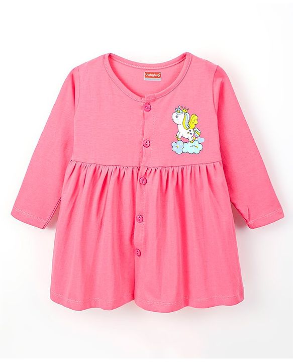 Babyhug 100% Cotton Knit Three Forth Sleeves Frock With Bloomer Unicorn Print - Pink