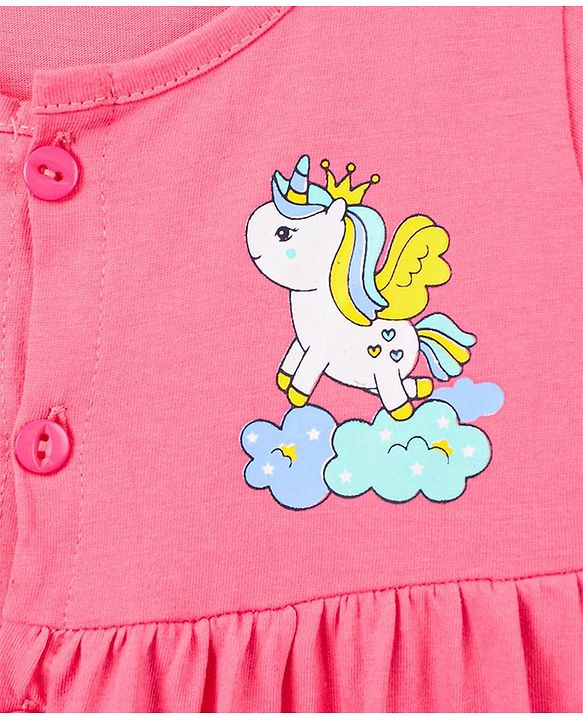 Babyhug 100% Cotton Knit Three Forth Sleeves Frock With Bloomer Unicorn Print - Pink