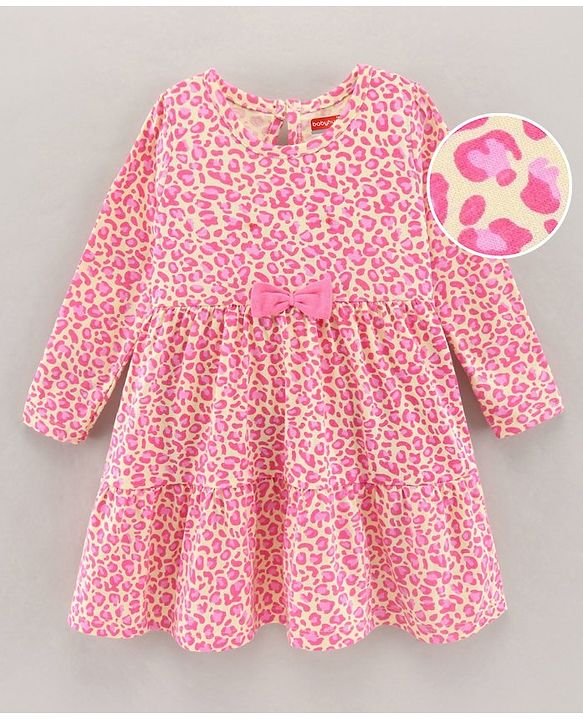 Babyhug 100% Cotton Full Sleeves Frock Leopard Print - Yellow