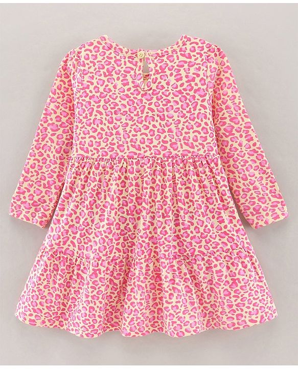 Babyhug 100% Cotton Full Sleeves Frock Leopard Print - Yellow