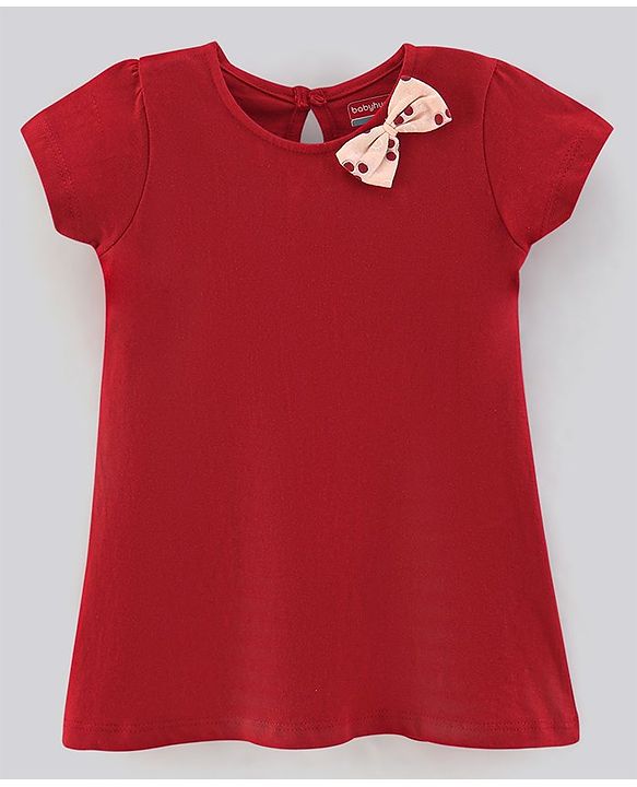 Babyhug 100% Cotton Half Sleeves Solid Color Frock with Bow Applique and Small Circle Print Pack of 2 - Red Peach