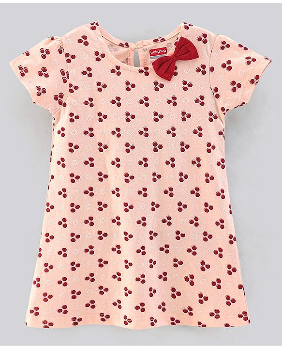 Babyhug 100% Cotton Half Sleeves Solid Color Frock with Bow Applique and Small Circle Print Pack of 2 - Red Peach