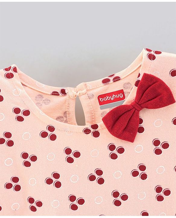 Babyhug 100% Cotton Half Sleeves Solid Color Frock with Bow Applique and Small Circle Print Pack of 2 - Red Peach