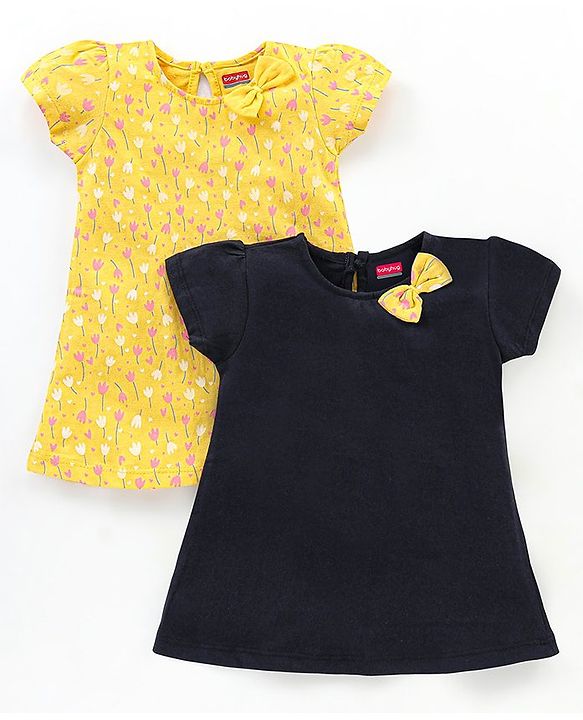 Babyhug 100% Cotton Knit Short Sleeves Frocks with Bow Applique - Blue & Yellow