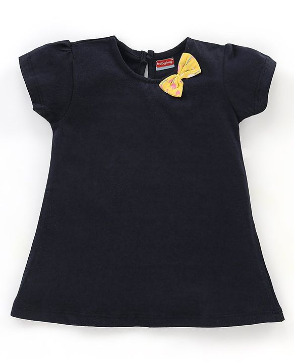 Babyhug 100% Cotton Knit Short Sleeves Frocks with Bow Applique - Blue & Yellow