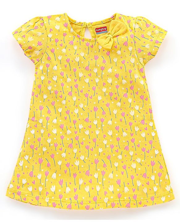 Babyhug 100% Cotton Knit Short Sleeves Frocks with Bow Applique - Blue & Yellow