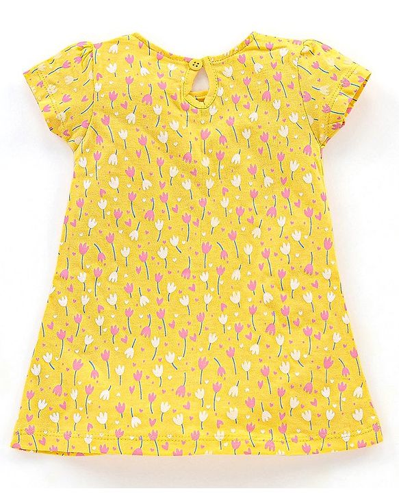 Babyhug 100% Cotton Knit Short Sleeves Frocks with Bow Applique - Blue & Yellow
