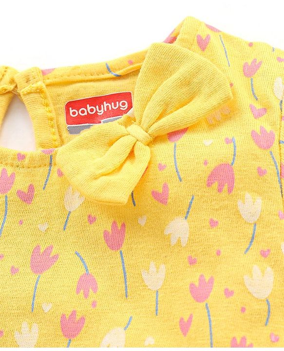 Babyhug 100% Cotton Knit Short Sleeves Frocks with Bow Applique - Blue & Yellow