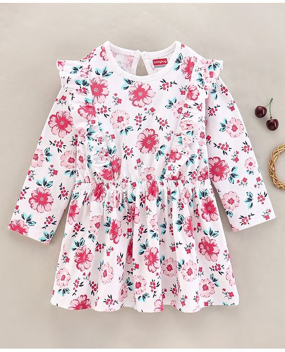 Babyhug 100% Cotton Knit Full Sleeves Floral Print Frock - Light Pink White