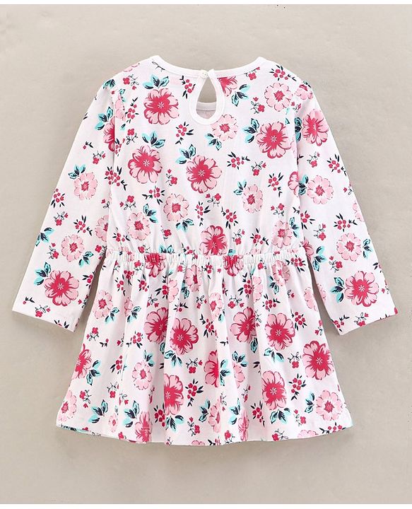 Babyhug 100% Cotton Knit Full Sleeves Floral Print Frock - Light Pink White