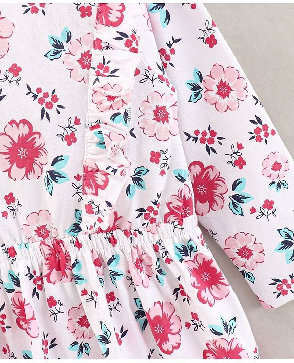 Babyhug 100% Cotton Knit Full Sleeves Floral Print Frock - Light Pink White