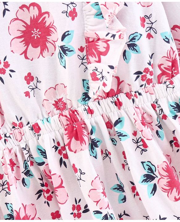 Babyhug 100% Cotton Knit Full Sleeves Floral Print Frock - Light Pink White