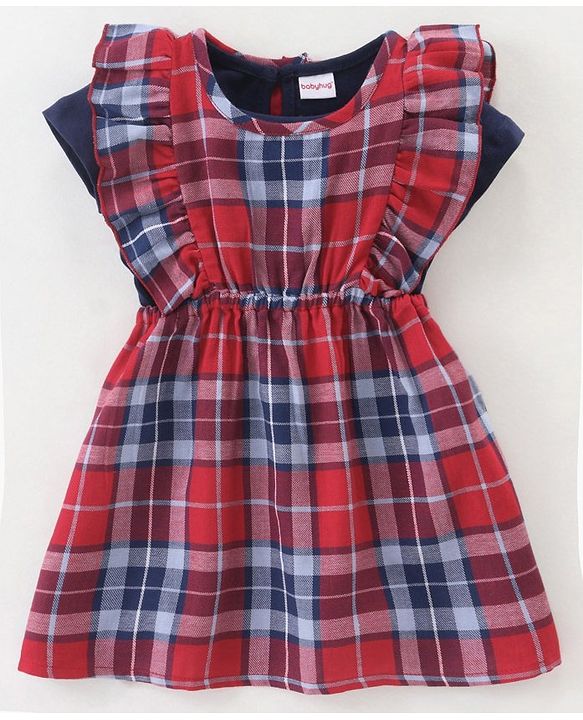 Babyhug Yarndyed Woven Check Frock With 100% Cotton Knitted Half Sleeves Inner Tee - Red