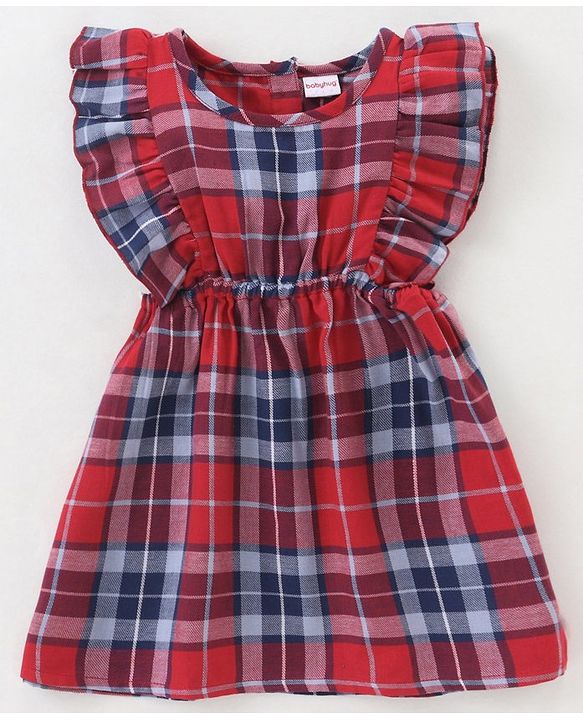 Babyhug Yarndyed Woven Check Frock With 100% Cotton Knitted Half Sleeves Inner Tee - Red