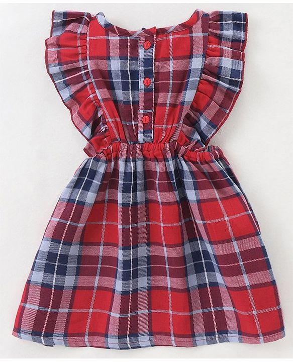 Babyhug Yarndyed Woven Check Frock With 100% Cotton Knitted Half Sleeves Inner Tee - Red