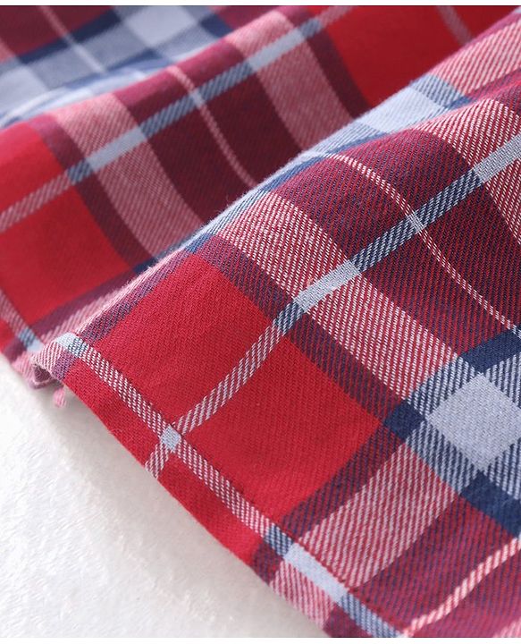 Babyhug Yarndyed Woven Check Frock With 100% Cotton Knitted Half Sleeves Inner Tee - Red