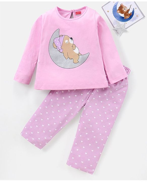 Babyhug 100% Cotton Knit Full Sleeves Night Suit Sleepy Bear Print - Pink