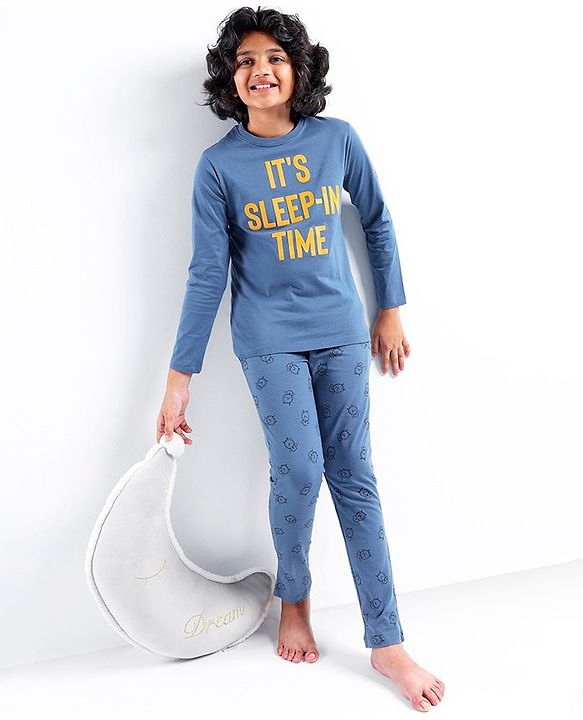 Pine Kids Full Sleeves 100% Cotton Bio-Wash HD Text Print Night Suit - Blue