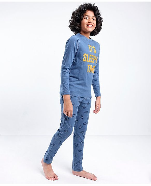 Pine Kids Full Sleeves 100% Cotton Bio-Wash HD Text Print Night Suit - Blue