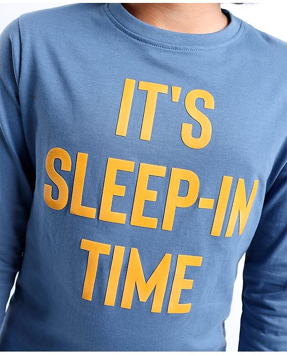 Pine Kids Full Sleeves 100% Cotton Bio-Wash HD Text Print Night Suit - Blue