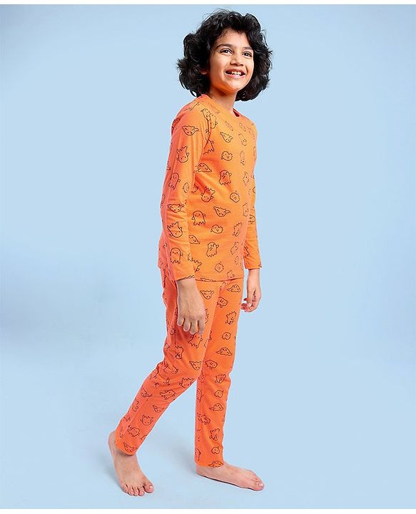 Pine Kids Full Sleeves Cotton Night Suit with Ghost Print - Orange