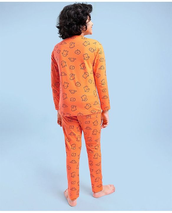 Pine Kids Full Sleeves Cotton Night Suit with Ghost Print - Orange