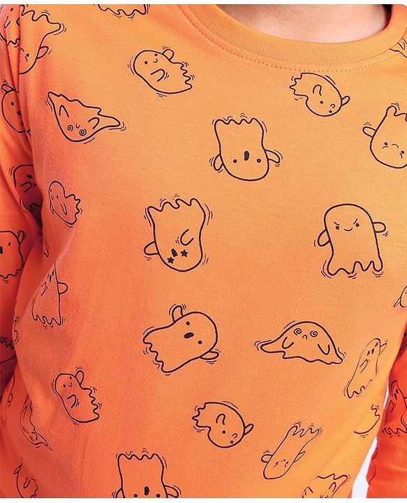 Pine Kids Full Sleeves Cotton Night Suit with Ghost Print - Orange