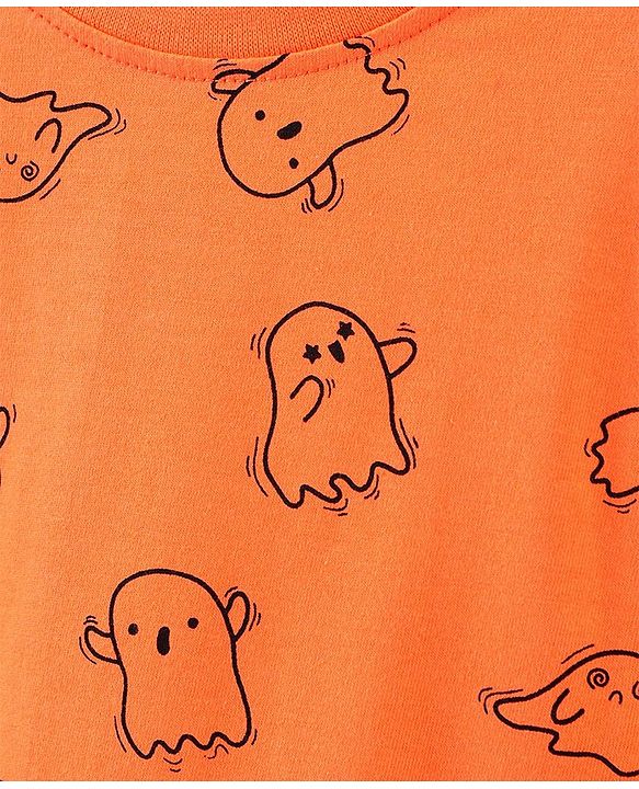 Pine Kids Full Sleeves Cotton Night Suit with Ghost Print - Orange