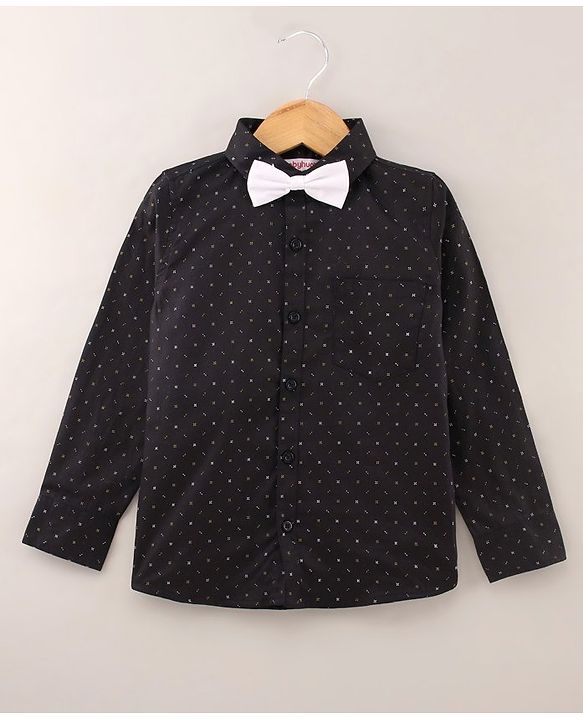 Babyhug Full Sleeves Printed Party Wear Shirt With Bow - Black
