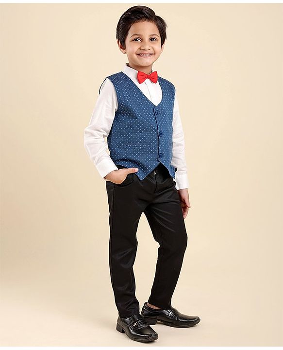 Babyhug Full Sleeves Party Suit With Bow - Blue & Black