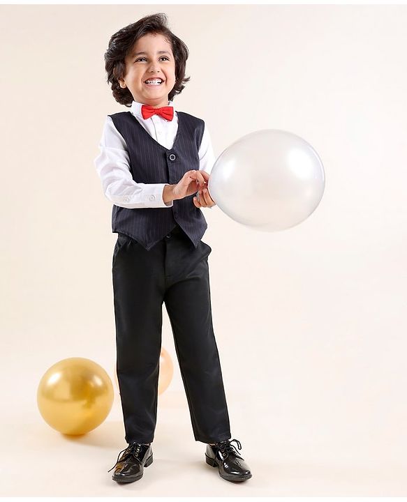 Babyhug Woven Full Sleeves Striped Party Suit with Bow Tie - Navy & Black