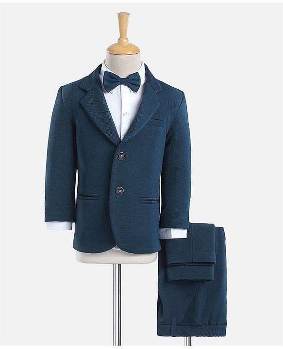Babyhug Woven Full Sleeves Solid Party Suit with Bow Tie - Ocean Blue