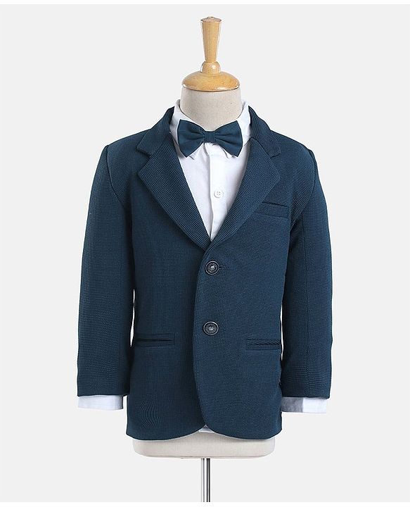 Babyhug Woven Full Sleeves Solid Party Suit with Bow Tie - Ocean Blue