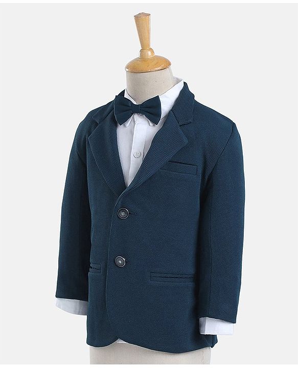 Babyhug Woven Full Sleeves Solid Party Suit with Bow Tie - Ocean Blue