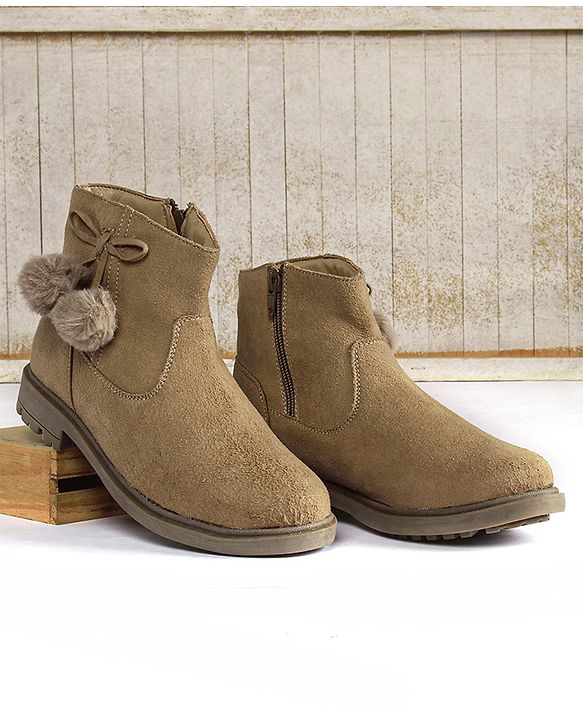 Pine Kids Slip On Winter Boots with Zipper Closure - Beige