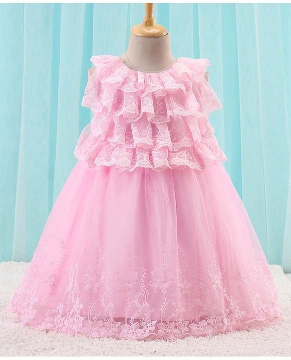 Babyhug Sleeveless Party Wear Frock Lace Embroidered - Pink