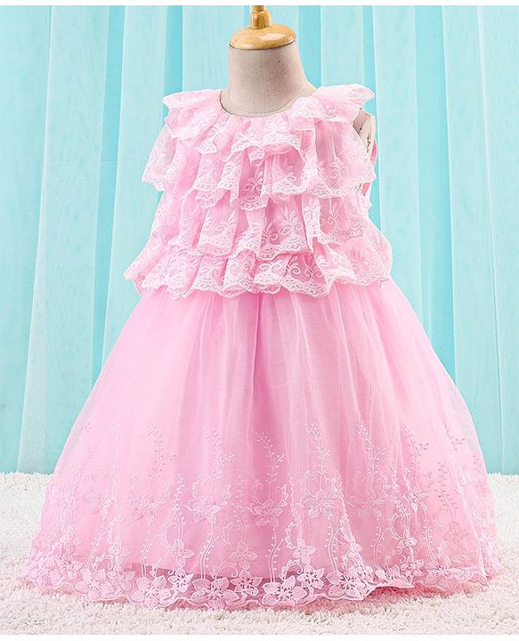 Babyhug Sleeveless Party Wear Frock Lace Embroidered - Pink