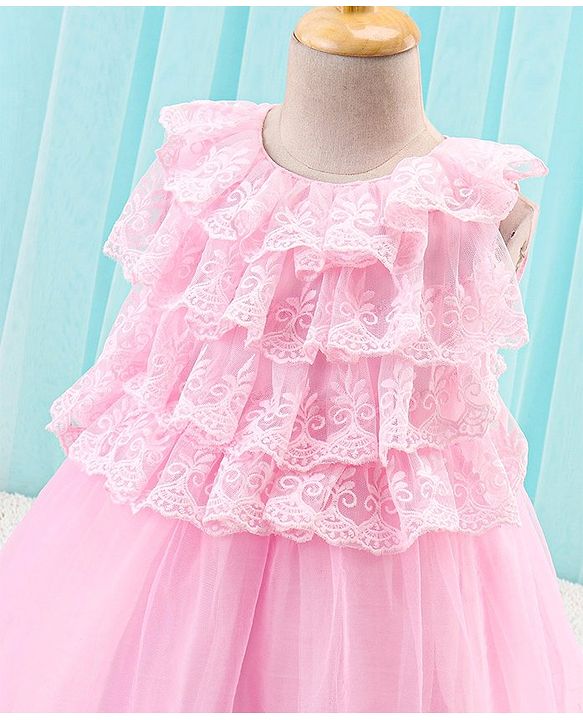 Babyhug Sleeveless Party Wear Frock Lace Embroidered - Pink