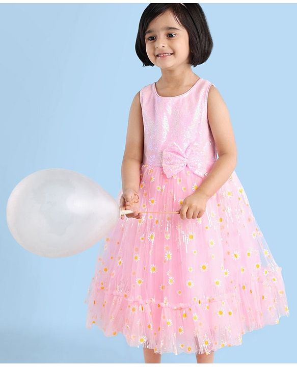 Babyhug Sleeveless Party Wear Sequin Embroidery Ankle Length Frock - Pink