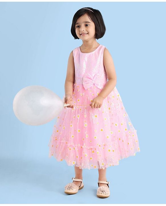 Babyhug Sleeveless Party Wear Sequin Embroidery Ankle Length Frock - Pink